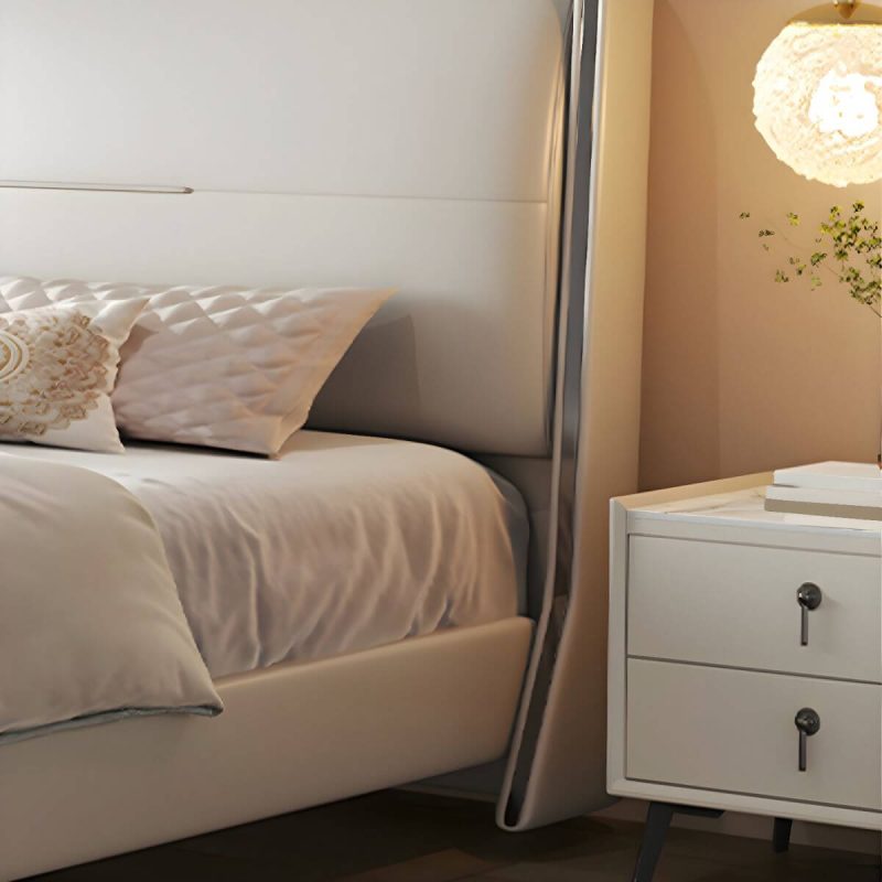 "Modern Wood Panel Bed Beige Genuine Leather Standard Bed with Upholstered Headboard - Full Single Bed Unavailable"