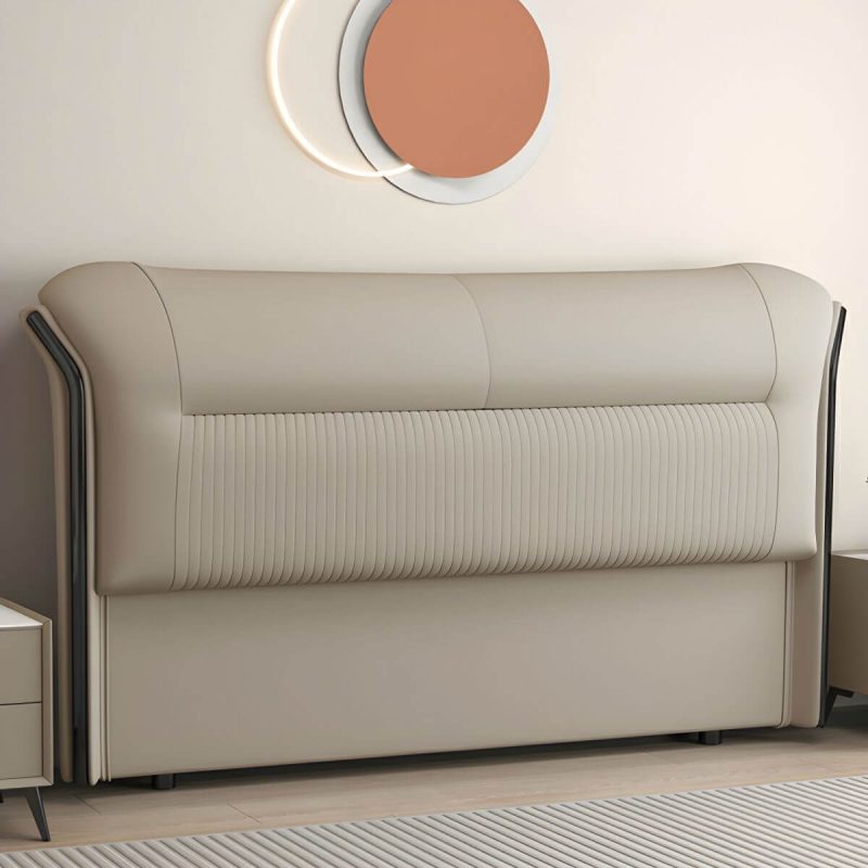 "Elegant Modern Wingback Upholstered Headboard with Wood Legs - 71" Genuine Leather Beige"