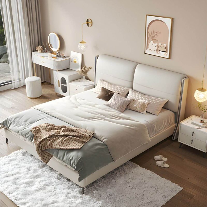 "Modern Wood Panel Bed Beige Genuine Leather Standard Bed with Upholstered Headboard - Queen Bed & Mattress Cotton"