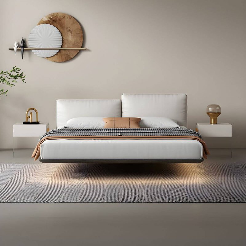 "Modern Style Upholstered Headboard/white Grey Leather Suspension Bed - Grey Queen Single Bed"
