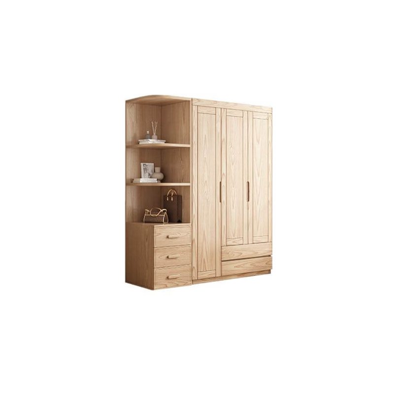 "Ash Wood Wood Color Unfixed Wardrobe Closet, Armoire with Side Cabinet, 3 Doors"