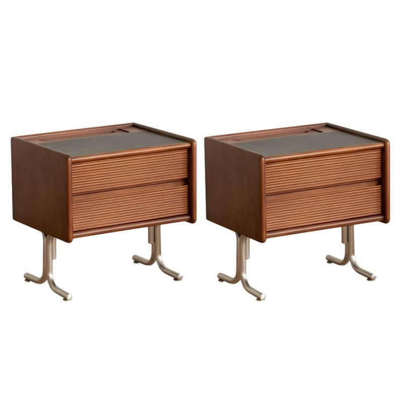 "Elegant Brown Wood Nightstand with Drawer Storage and Stone Countertop - 2 Piece Set"