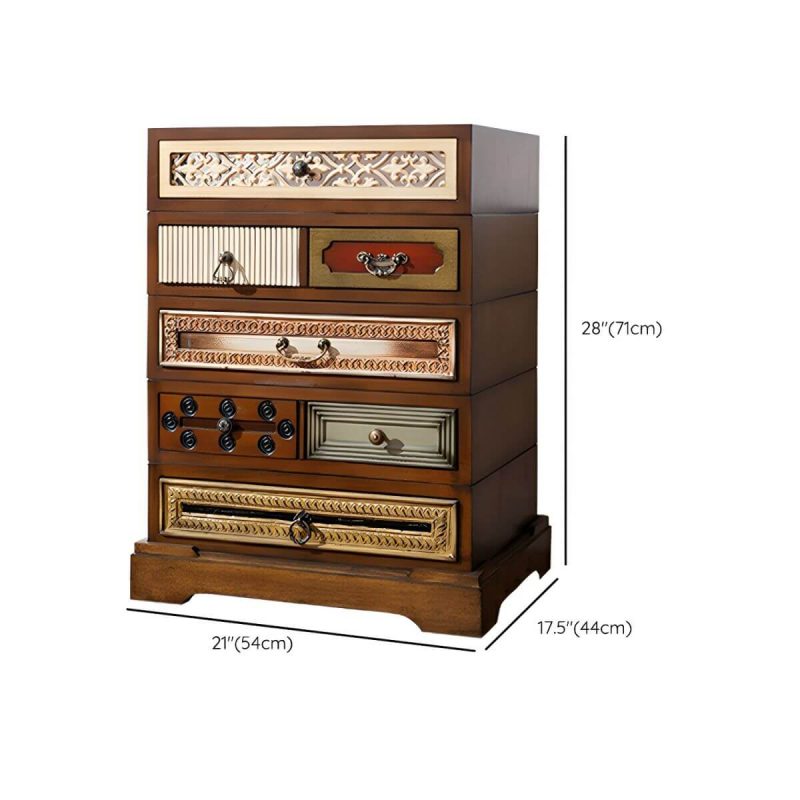"Dimension of Distressed Brown Wood Nightstand with 5 Drawers and Unique Rustic Design - 1 Piece"