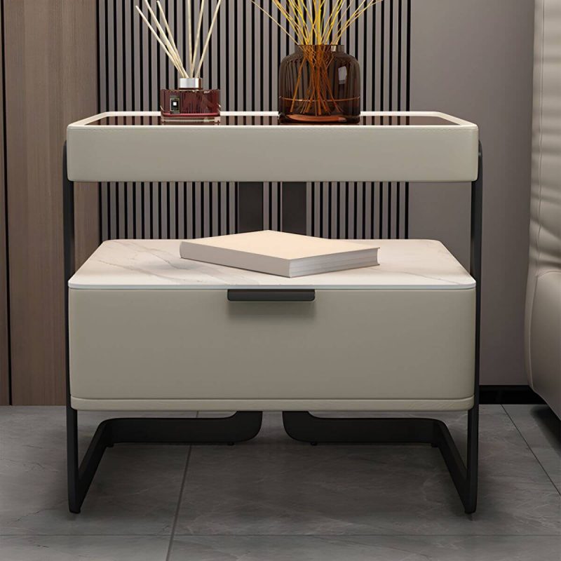 "Modern Wood Nightstand with Glass Countertop and Open Storage - Light Brown 48 x 40 x 51 cm 1 Piece"