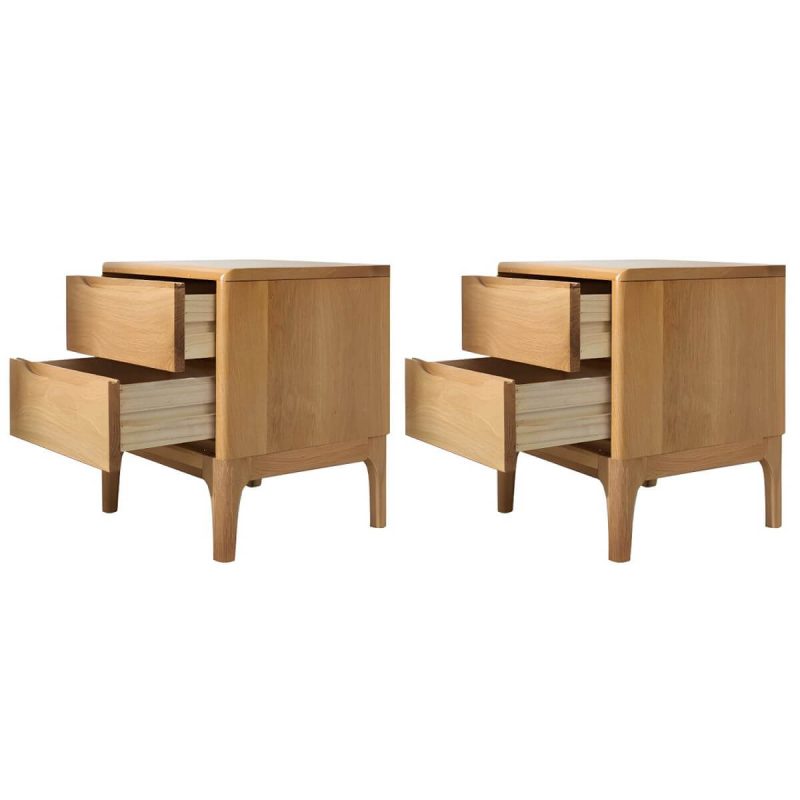 "Modern Oak Wood Nightstand with Drawer Storage, Small Size, Narrow Design - 2 Piece Set Natural Finish"