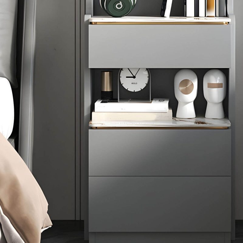 "Modern Grey Wood Nightstand with 3 Drawers in Gray Wood Tone - With Light 1 Piece With Backboard 30 x 40 x 180 cm"