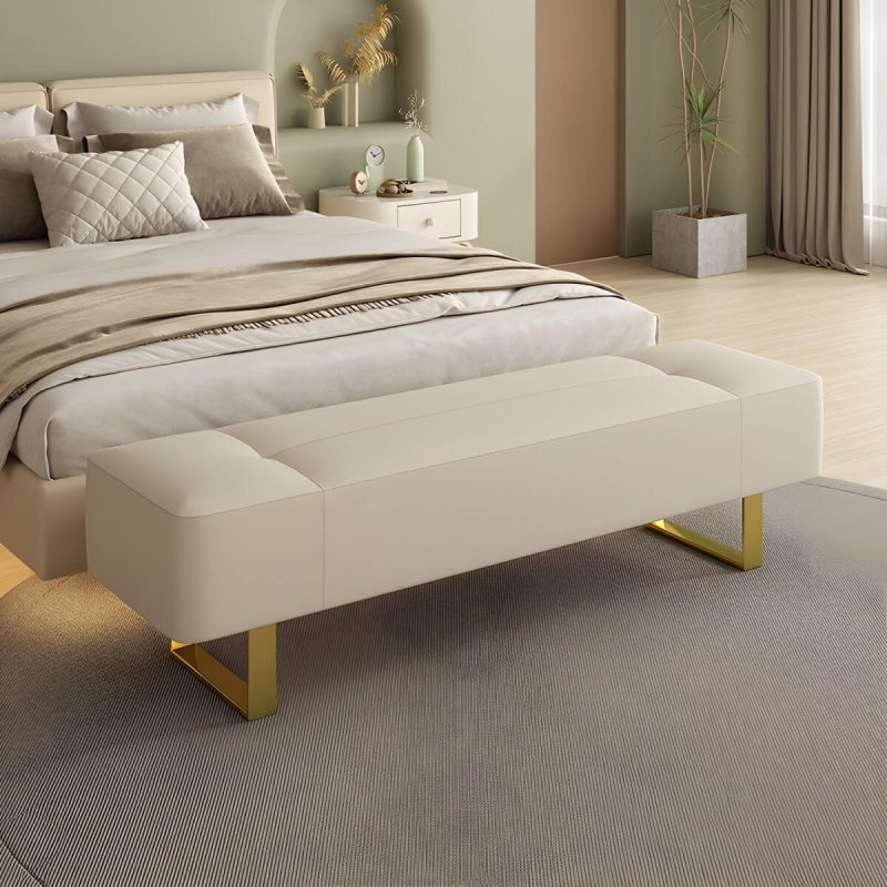 "Armless Backless Modern Solid Color Bedroom Bench Upholstered in Hardwearing Sponge with Metal Legs - 47"L x 20"W x 16.5"H Off-White"