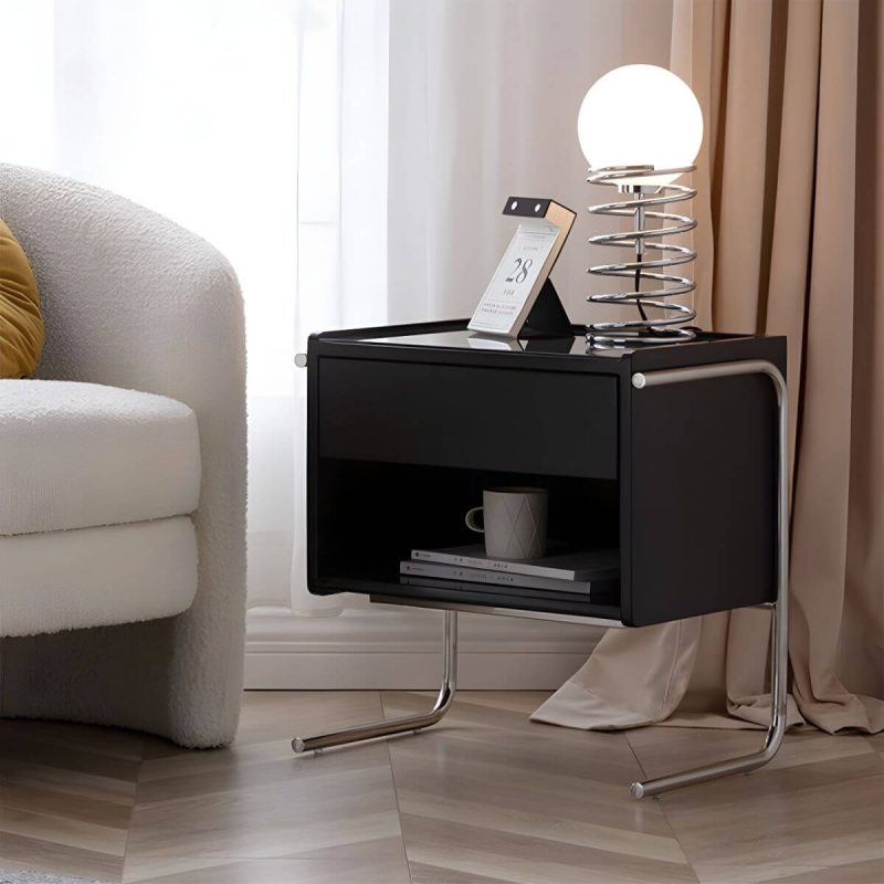 "Modern Stainless Steel Nightstand with Glass Top and Drawer Storage - Sleek Design - 2 Piece Set Black"