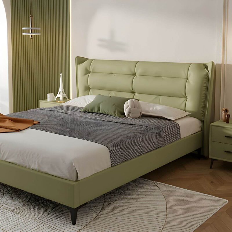 "Green Upholstered Wingback Headboard with Tufted Design and Wood Legs - 59""
