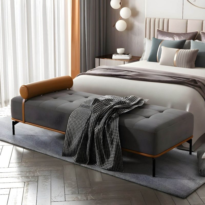 "Tufted Upholstered Modern Bedroom Bench with Rolled Pillow and Wood Frame - Dark Gray"
