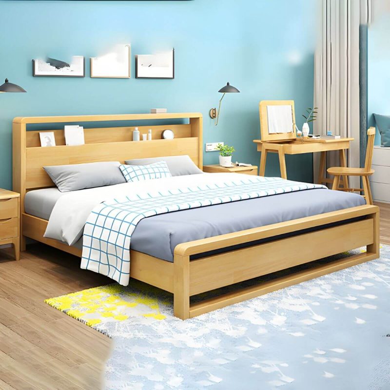 "Contemporary Standard Bed with Shelves and Rectangle Headboard - Natural Finish King"