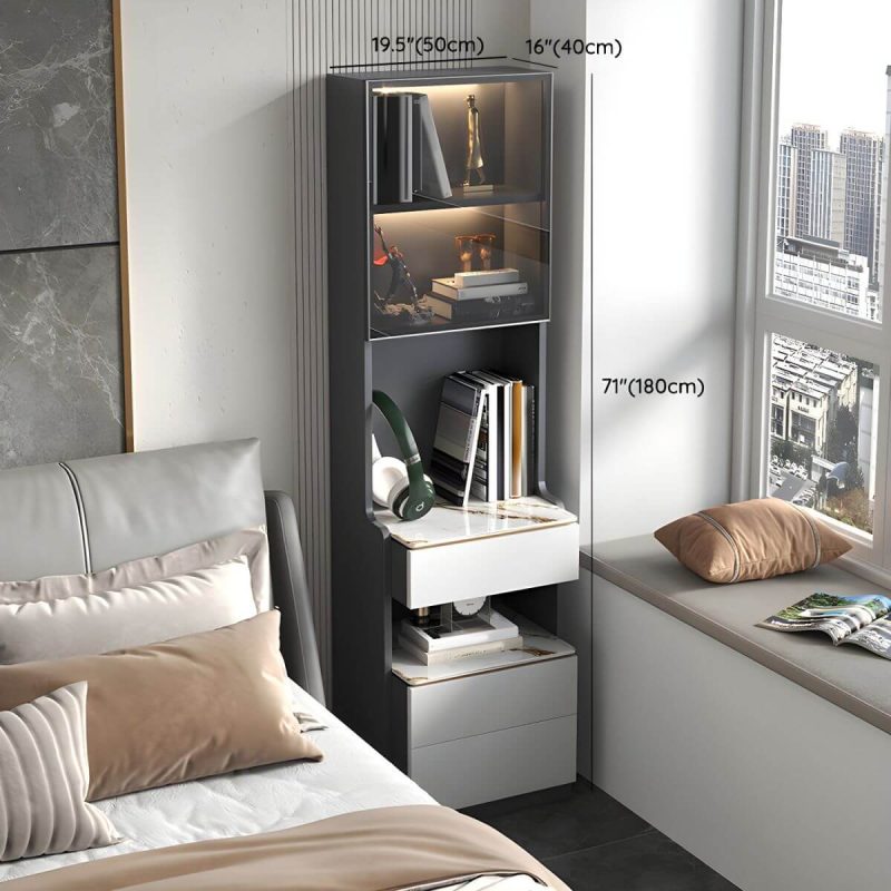 "Dimension of Modern Grey Wood Nightstand with 3 Drawers in Gray Wood Tone - With Light 1 Piece With Backboard 50 x 40 x 180 cm"