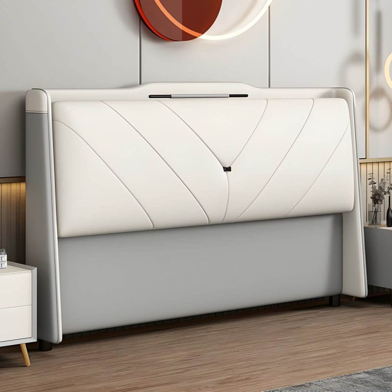 "Modern Upholstered Pine Headboard with Stepped Design and Wood Legs - Silicone Rubber 59" Light Gray"
