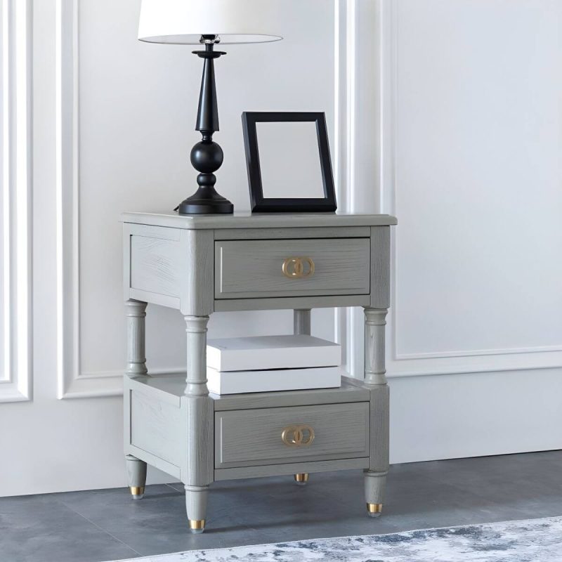 "Grey Ash Wood Nightstand with 2 Drawers, 1 Shelf & Light Wood Tone - Grey 2 Piece Set"