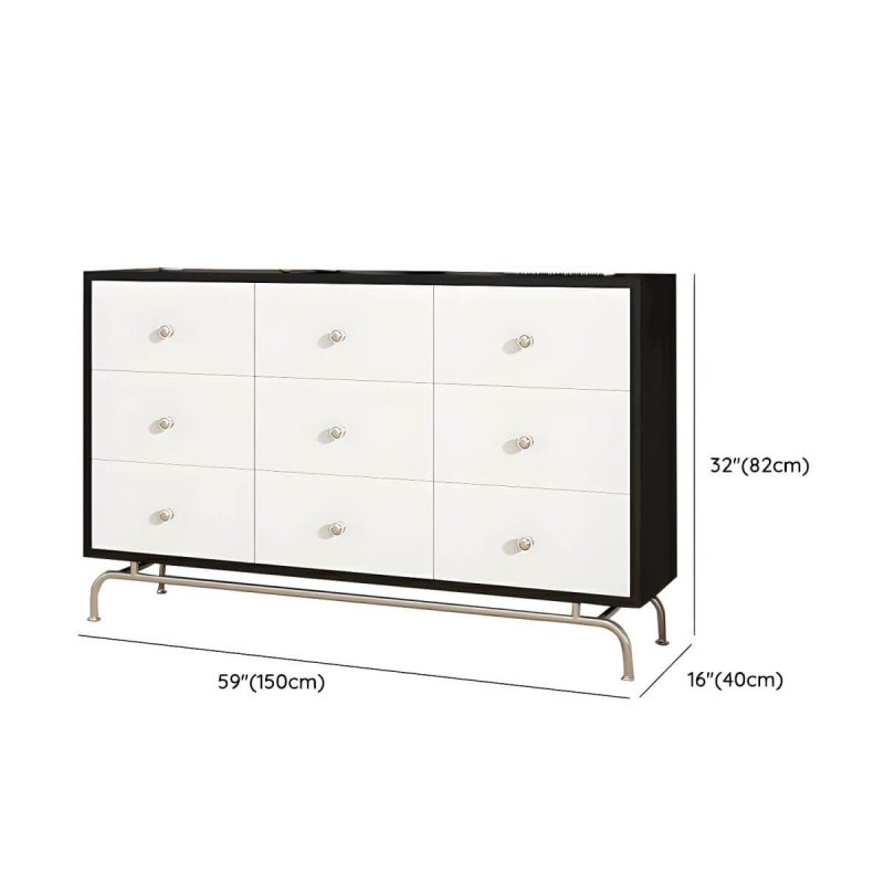 "Dimension of Modern Storage Drawers Dresser with Four Legs and Silver Handles for Bedroom - 59"L x 16"W x 32"H"