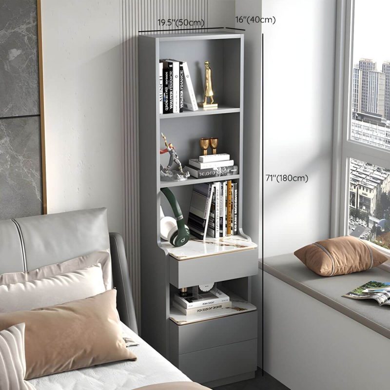 "Dimension of Modern Grey Wood Nightstand with 3 Drawers in Gray Wood Tone - Without Light 1 Piece With Backboard 50 x 40 x 180 cm"