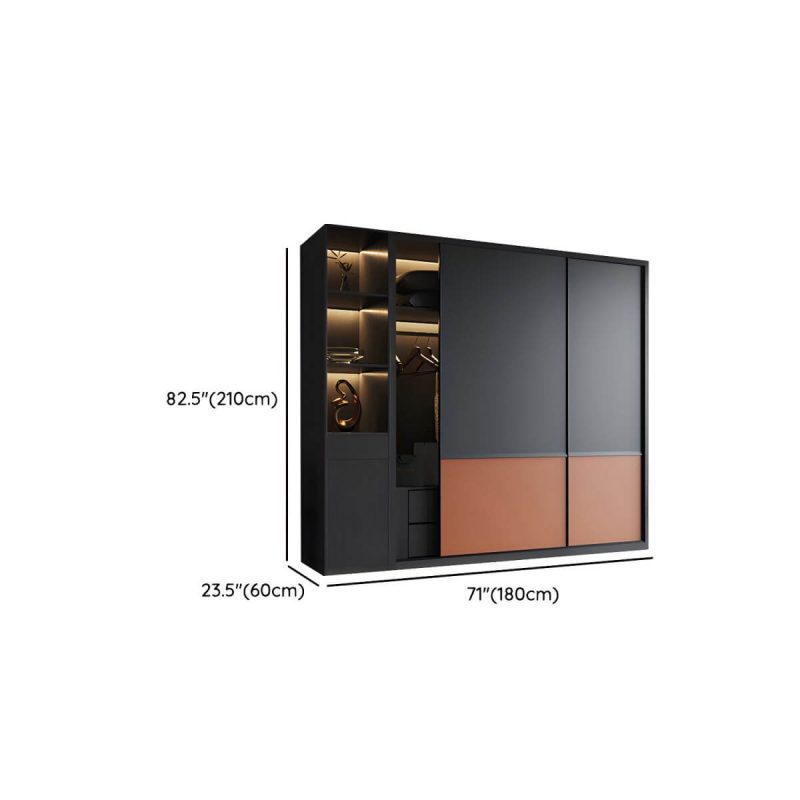 "Dimension of Coal Art Deco Wardrobe Engineered Wood with Soft Close Drawer, Soft Close Door & Hanging Rod - Armoire with Side Cabinet 71"L x 24"W x 83"H"