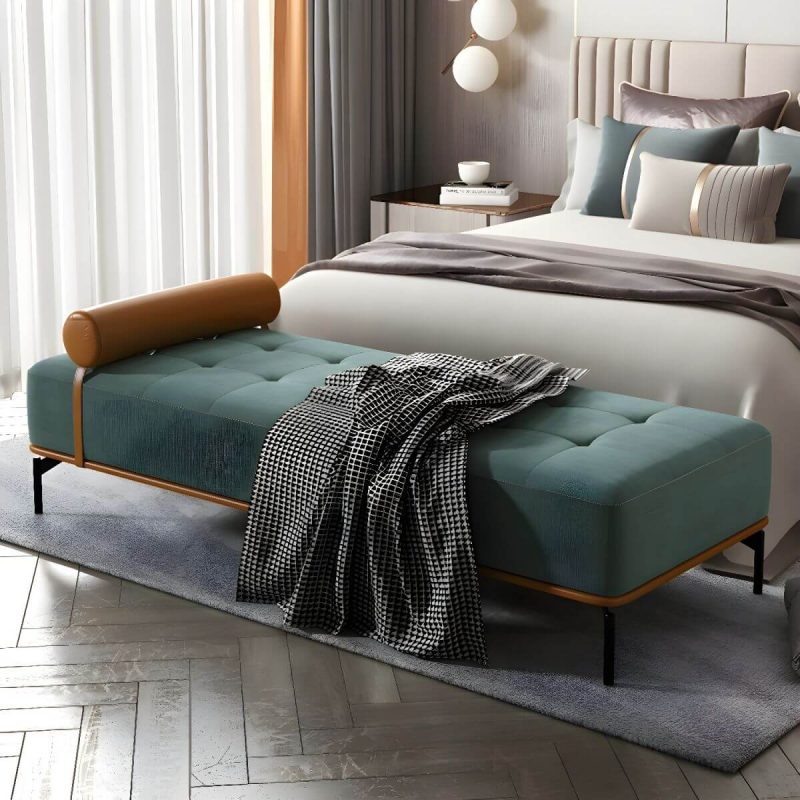 "Tufted Upholstered Modern Bedroom Bench with Rolled Pillow and Wood Frame - Green"