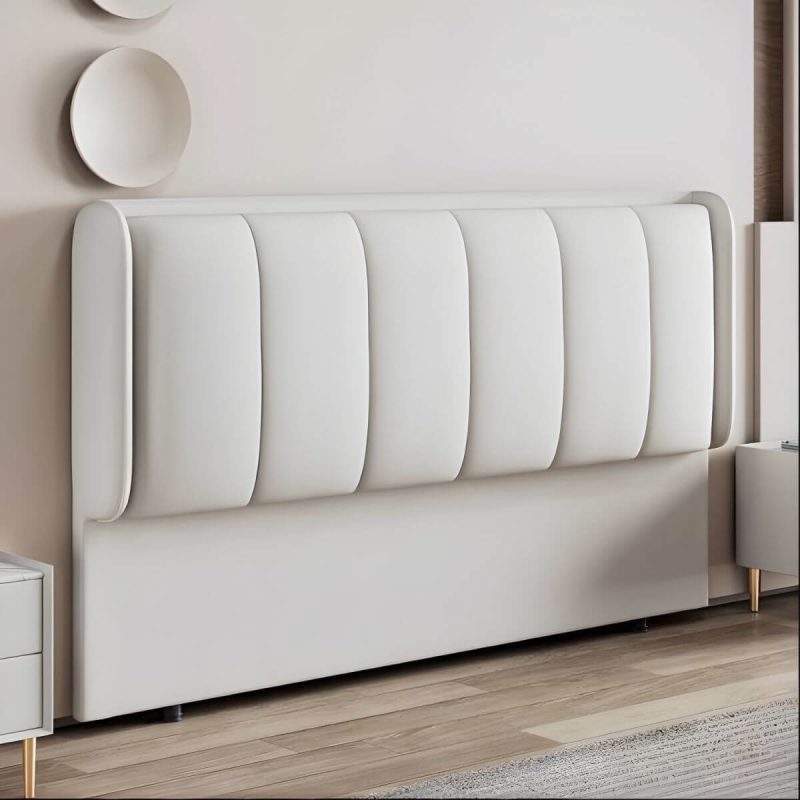 "Modern Upholstered Pine Wingback Headboard with Leather Upholstery and Wood Legs - White 71""