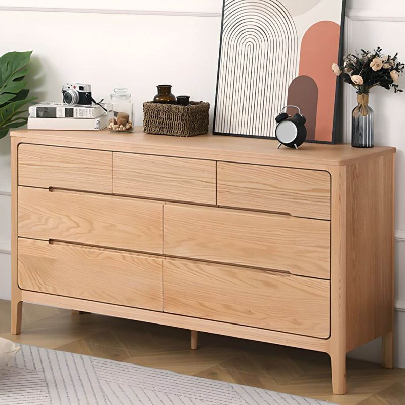 "Modern Wood Double Dresser with 7 Drawers in Standard Length and Low Height - Natural Finish"