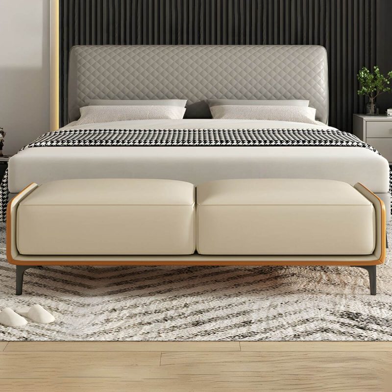 "Armless Backless Upholstered Bedroom Bench in Modern Wood Design Short - Oyster Grey/ Dark Blue 69"L x 20"W x 17"H"