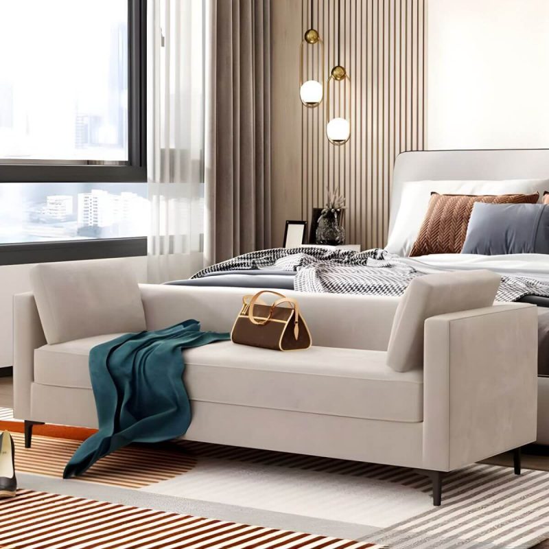 "With Arms White Upholstered Modern Bedroom Bench with Short Height and Back - 71"L x 20"W x 20"H"