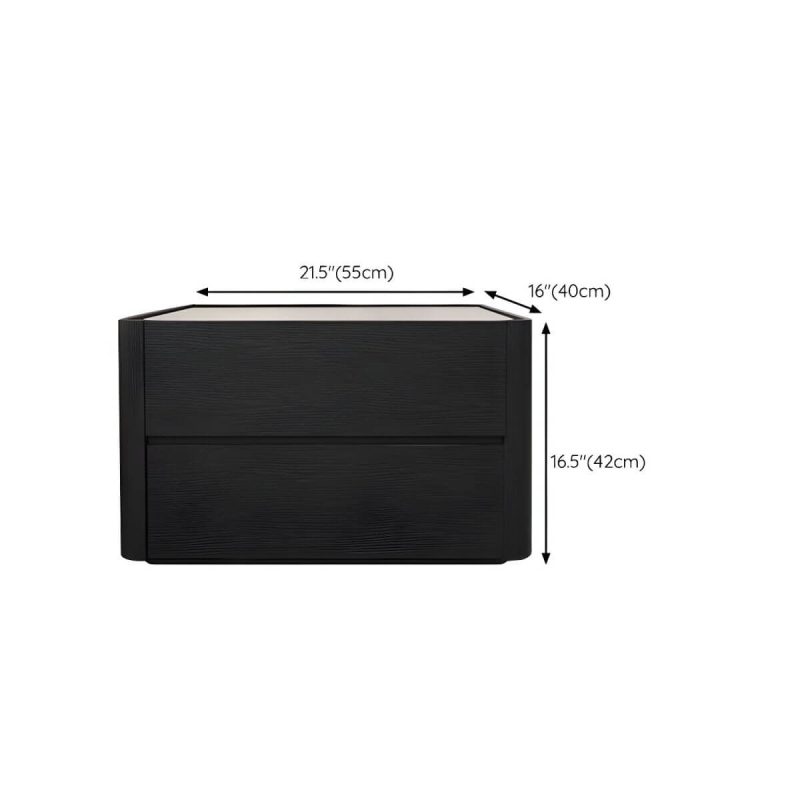 "Dimension of Modern Black Wood Nightstand with 2 Drawers and Small Height - 1 Piece"