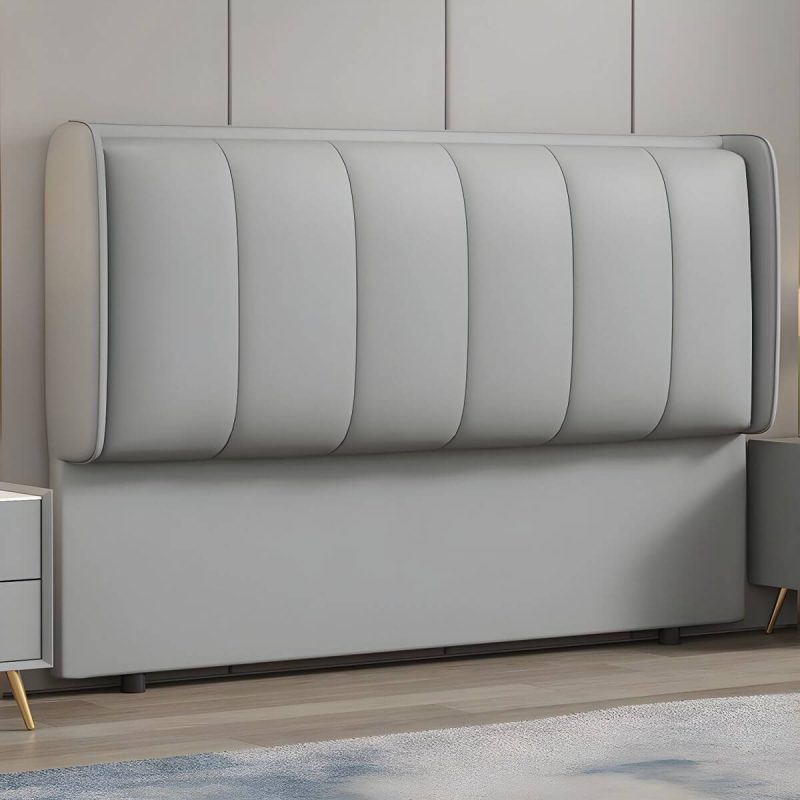 "Modern Upholstered Pine Wingback Headboard with Leather Upholstery and Wood Legs - Smoke Gray 47""