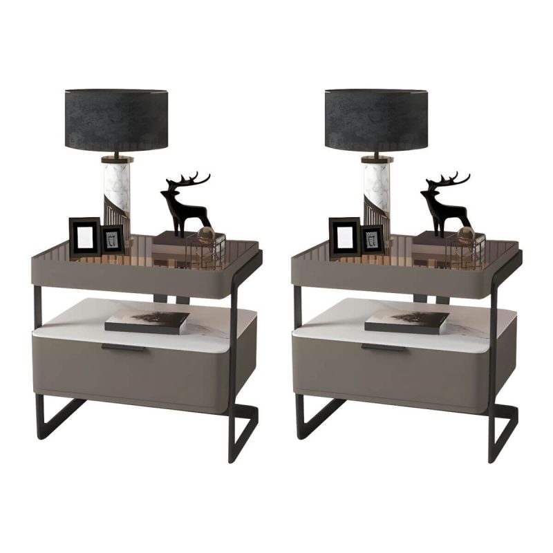 "Modern Wood Nightstand with Glass Countertop and Open Storage - Medium Grey 40 x 40 x 51 cm 2 Piece Set"