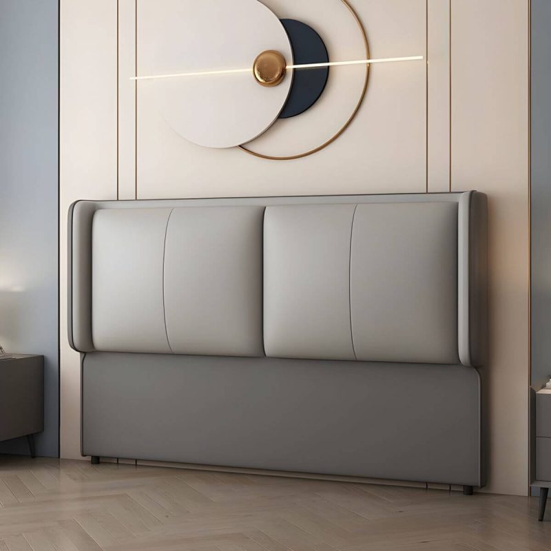 "Modern Upholstered Pine Wingback Headboard with Leather Upholstery and Wood Legs - Dark Grey/ Light Grey 59""
