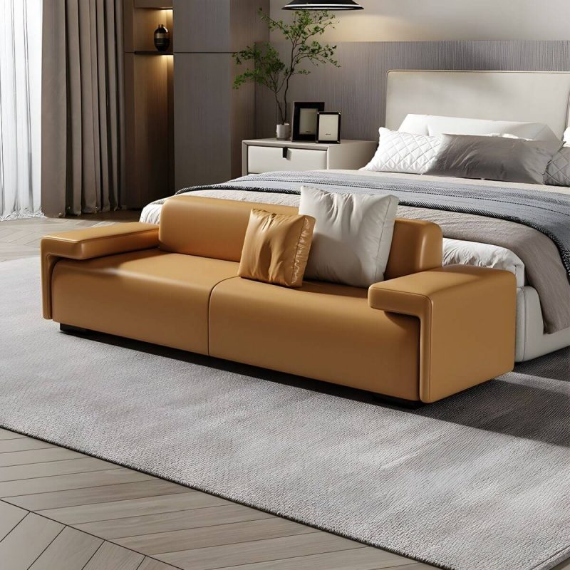 "Modern Solid Color Leather Upholstered Bedroom Bench with Arms - 59.1"L x 17.7"W x 21.7"H Orange With Back"
