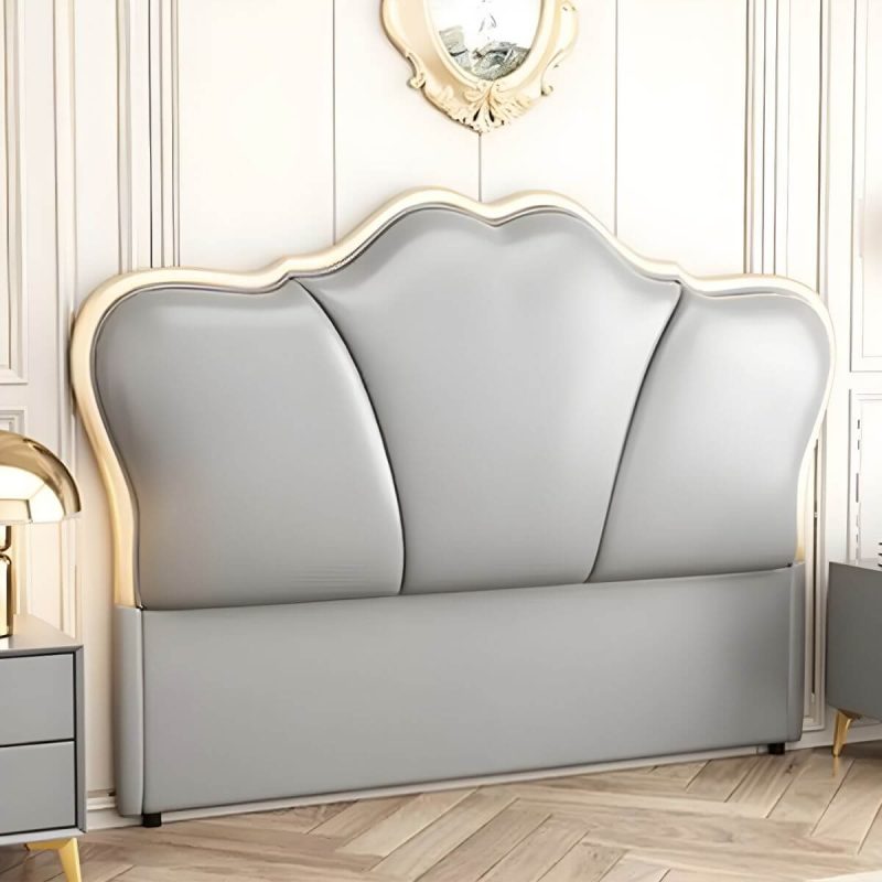 "Camelback Solid Wood Bed Frame Headboard Modern Leather Panel - Grey 59" Curved"