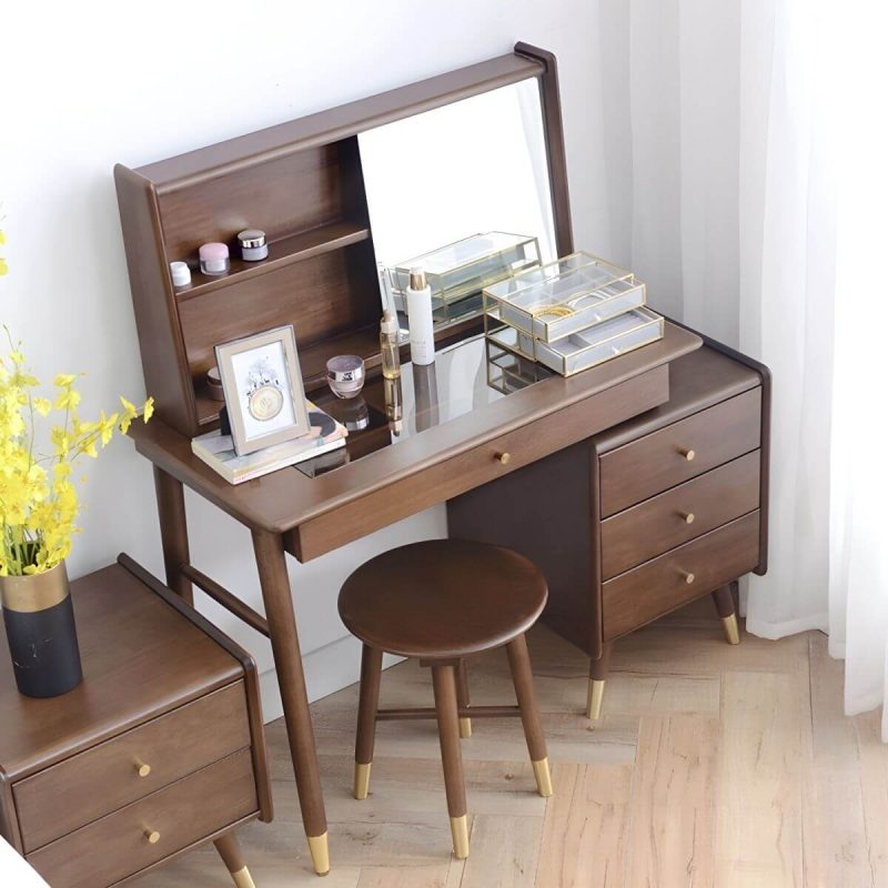 "Rectangle Shape Solid Wood Dressing Table Brown with Drawers and Stools - Makeup Vanity & Stools"