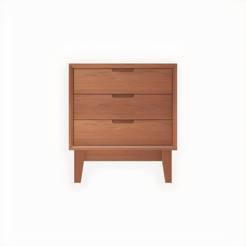"Scandinavian Style Small Wood Nightstand with Three Lock Free Drawers - 1 Piece Cherry Wood"