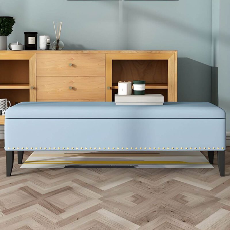 "Upholstered Bedroom Bench with Nailhead Trim - Modern Flip Top Design, 150cm Long - Beige"