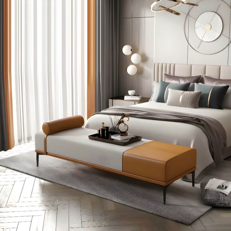 "Modern Fabric and Leather Seating Bench with One Side Arm for Bedroom - Grey"