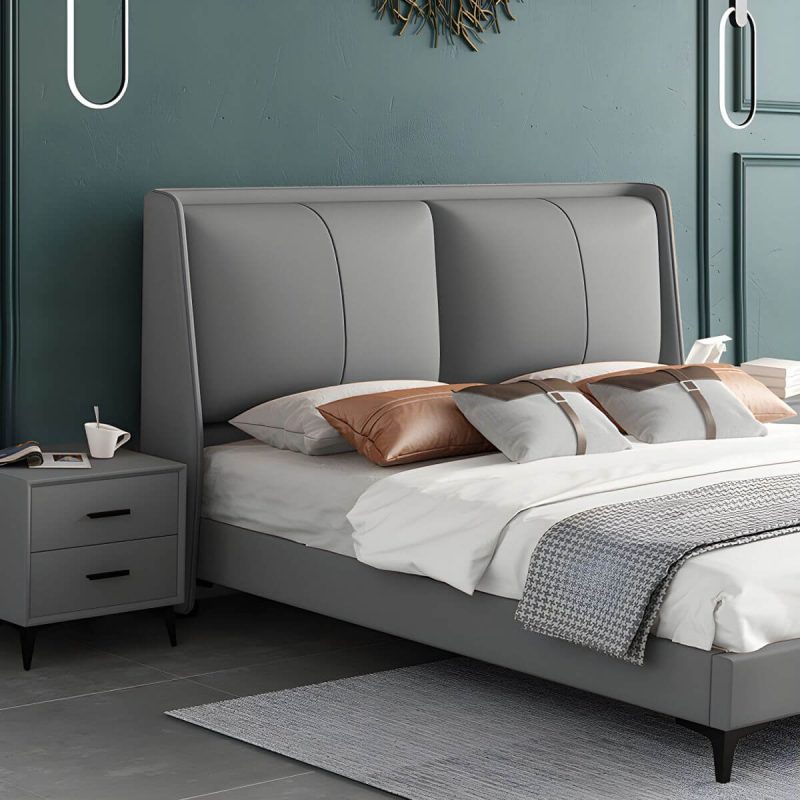 "Grey Upholstered Wingback Headboard with Wood Legs and Modern Design - 59""