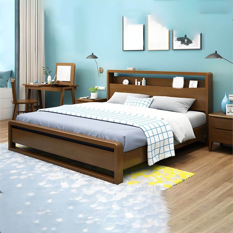 "Contemporary Standard Bed with Shelves and Rectangle Headboard - Walnut King"
