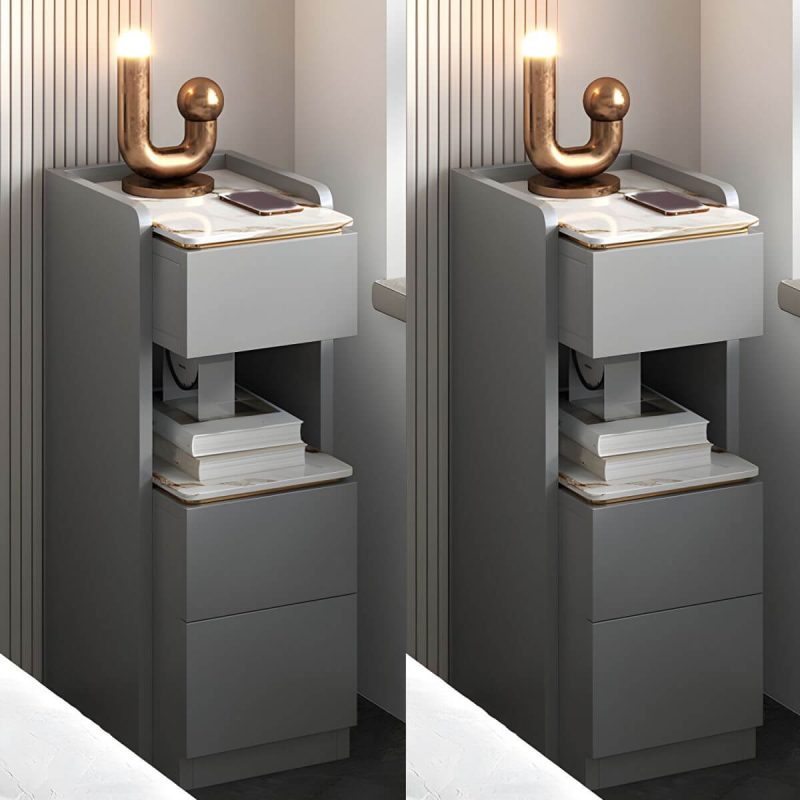 "Modern Grey Wood Nightstand with 3 Drawers in Gray Wood Tone - Without Light 2 Piece Set With Backboard 30 x 40 x 72 cm"