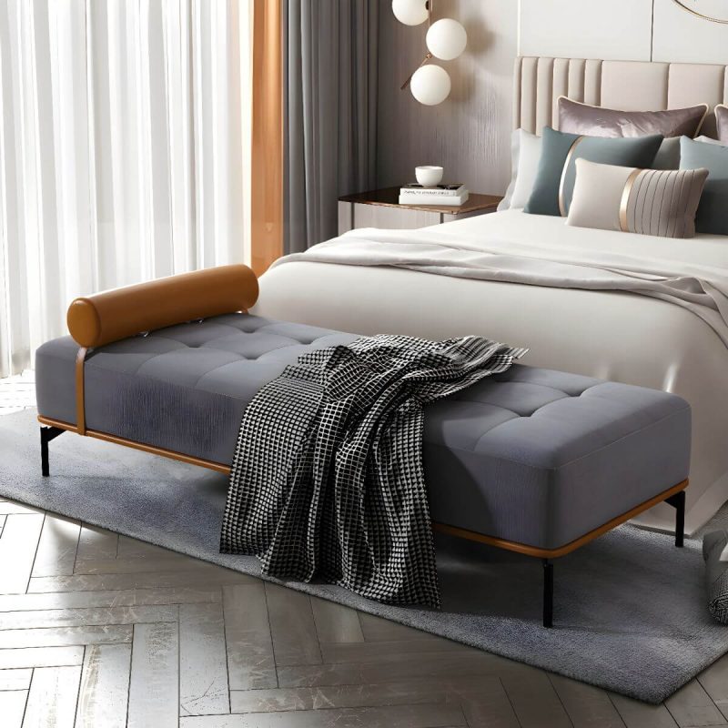 "Tufted Upholstered Modern Bedroom Bench with Rolled Pillow and Wood Frame - Grey"