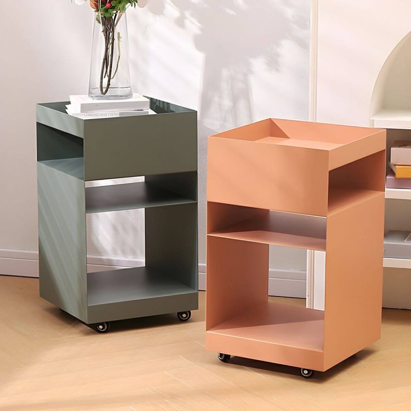"Modern Metal Nightstand with Open Storage and 4 Shelves in Steel Decor - Khaki 2 Piece Set"