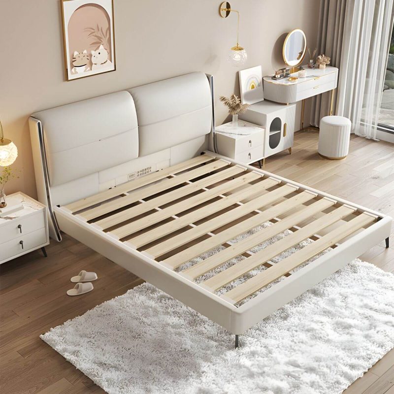 "Modern Wood Panel Bed Beige Genuine Leather Standard Bed with Upholstered Headboard - Queen Single Bed Unavailable"