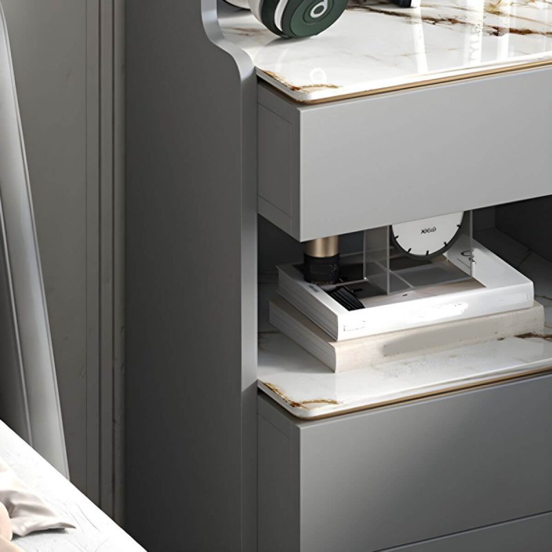 "Modern Grey Wood Nightstand with 3 Drawers in Gray Wood Tone - Without Light 1 Piece With Backboard 40 x 40 x 180 cm"
