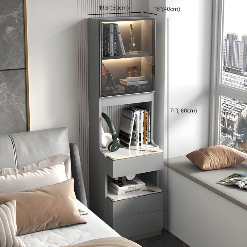 "Dimension of Modern Grey Wood Nightstand with 3 Drawers in Gray Wood Tone - With Light 1 Piece Without Backboard 50 x 40 x 180 cm"