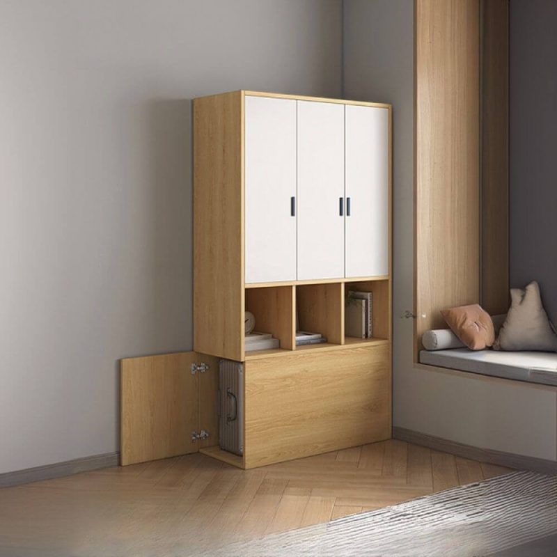"Natural Finish Art Deco Composite Wood Wardrobe Armoire with Soft Close Door, Interior Shelves, and Clothing Rod, Double Sided Doors, 53"L x 16"W x 83"H"