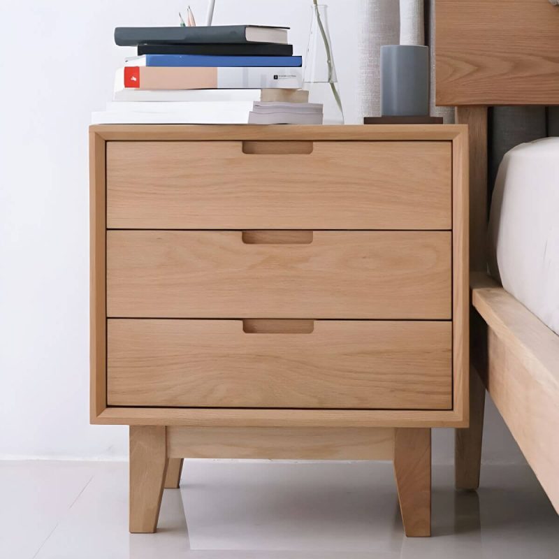 "Scandinavian Style Small Wood Nightstand with Three Lock Free Drawers - 1 Piece Walnut"