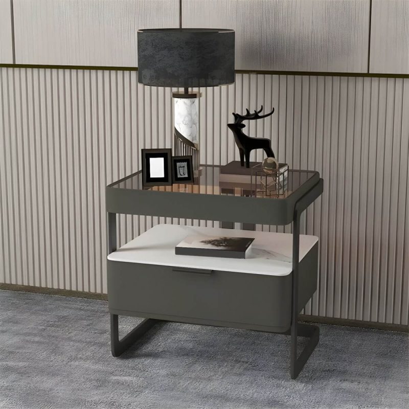 "Modern Wood Nightstand with Glass Countertop and Open Storage - Blackish Green 40 x 40 x 51 cm 1 Piece"