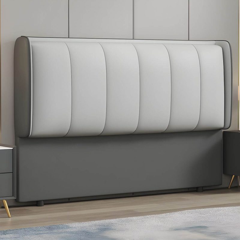 "Modern Upholstered Pine Wingback Headboard with Leather Upholstery and Wood Legs - Dark Gray-White 79""