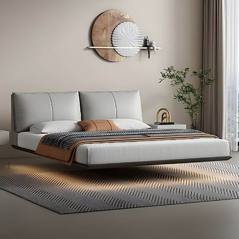 "Modern Style Upholstered Headboard/white Grey Leather Suspension Bed - White Queen Bed & Mattress"