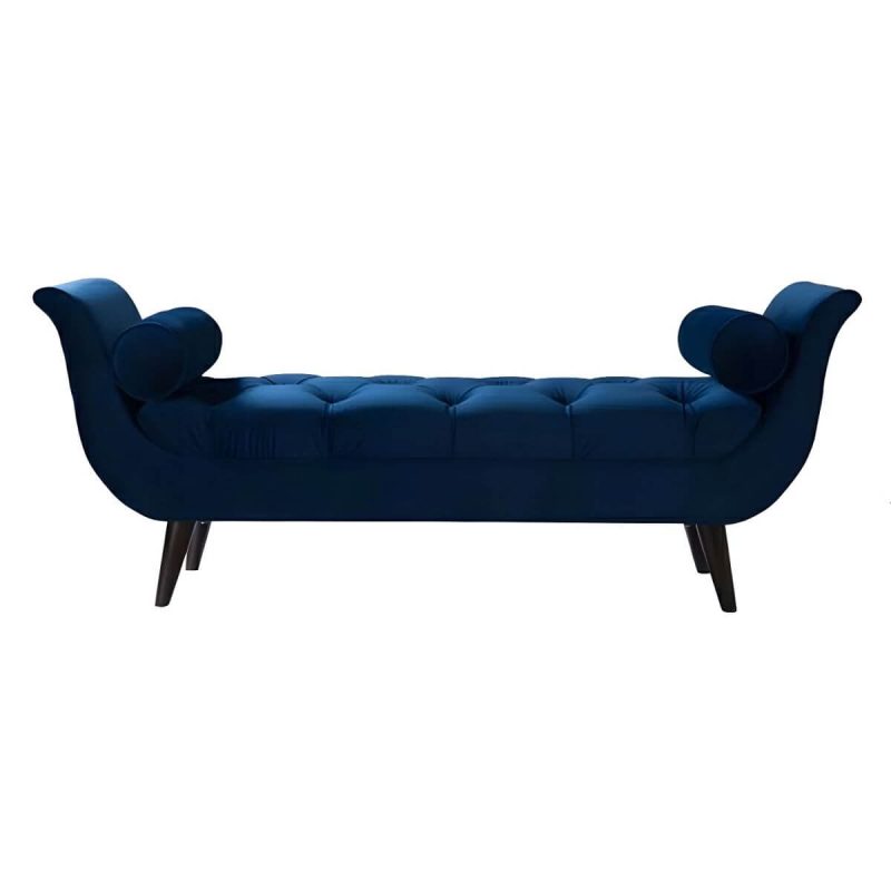 "Storage Not Included Upholstered Reserve Installation Holes Bedroom Bench - Dark Blue Velvet Wood"